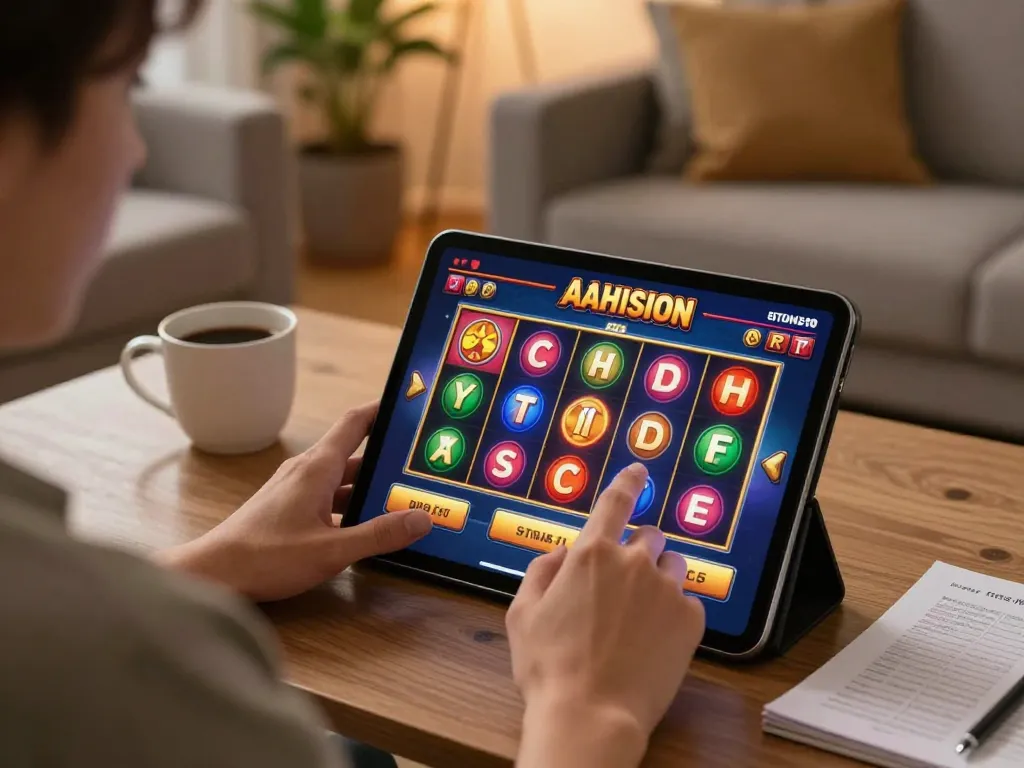 Playing situs slot online from a cozy sofa, enjoying responsible gaming and strategy.