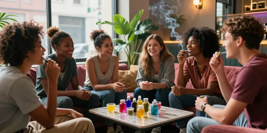 Friends sharing Gold Seal hash in a cozy cannabis lounge with varied flavors and a welcoming atmosphere.