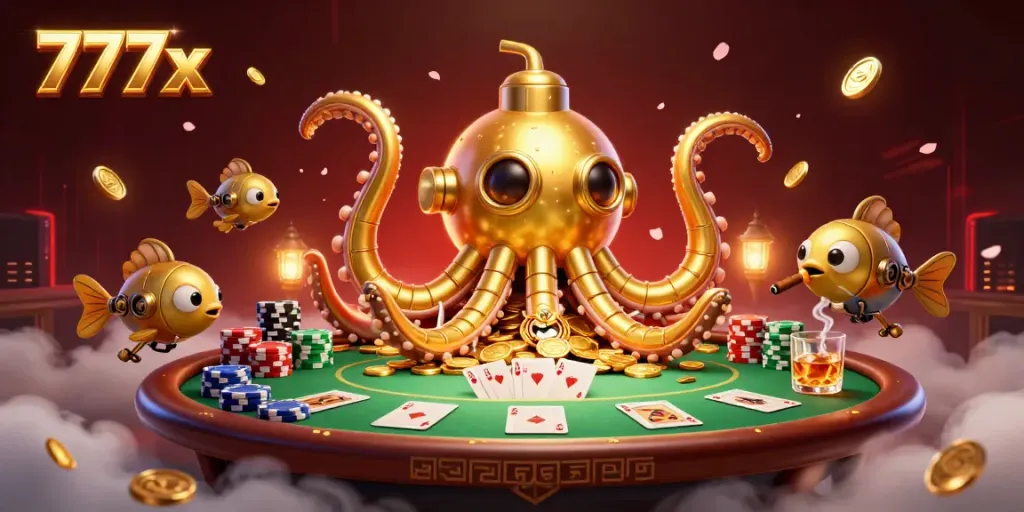 777x showcases a vibrant scene with a golden kraken submarine and poker elements, reflecting an exciting casino atmosphere.