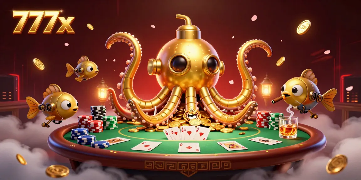 777x showcases a vibrant scene with a golden kraken submarine and poker elements, reflecting an exciting casino atmosphere.