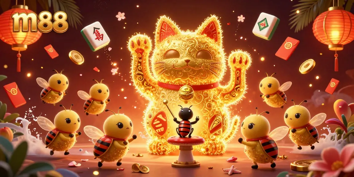 M88 offers an engaging environment with a lucky cat and casino symbols, enhancing the gaming experience.