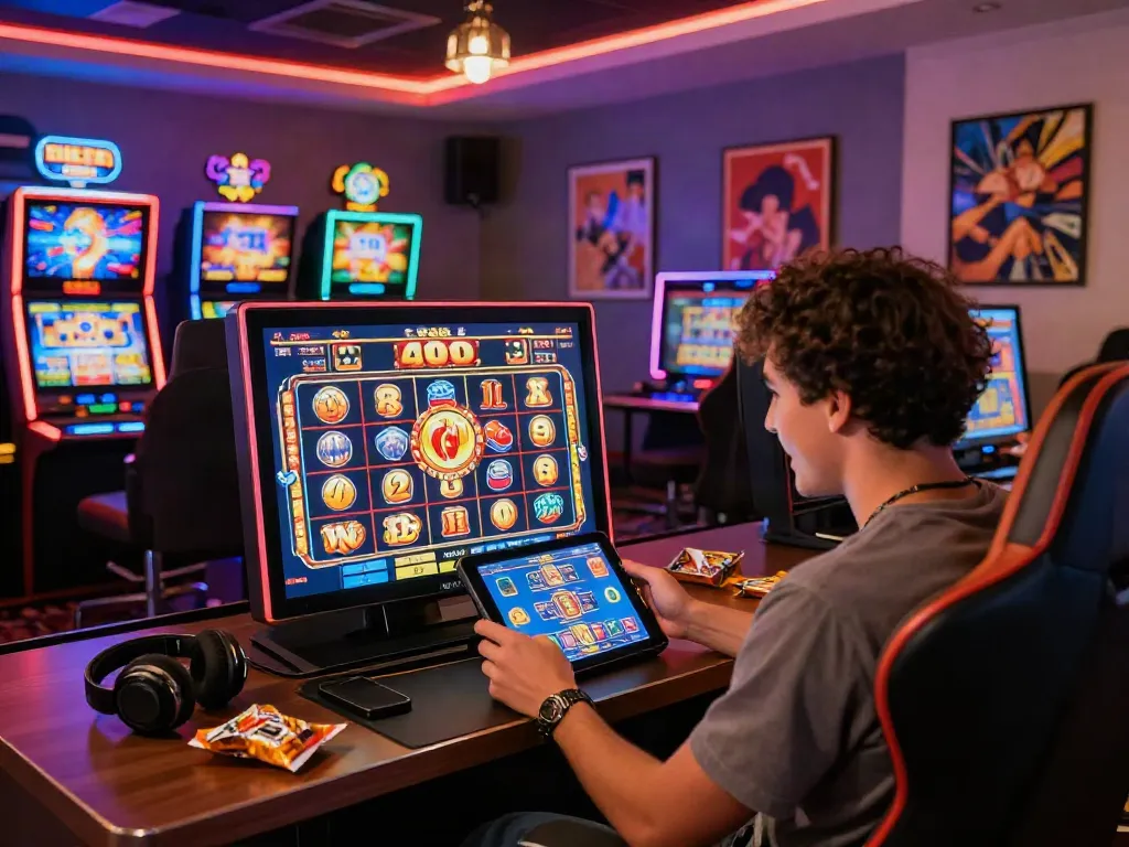 Player winning a slot jackpot on a tablet in a modern gaming room.