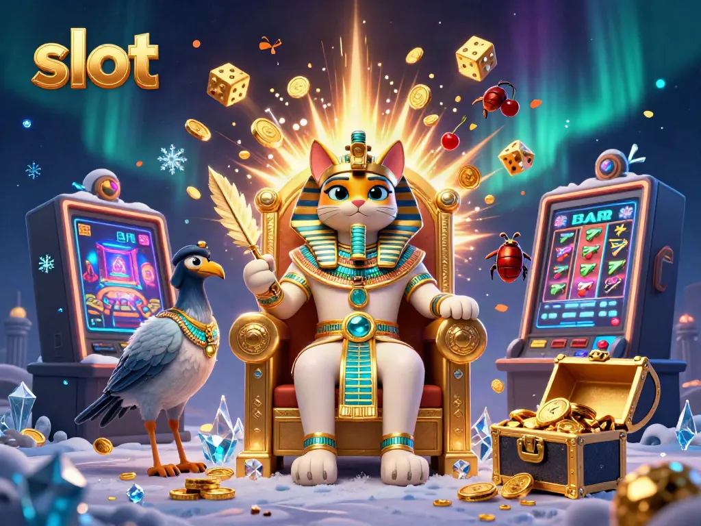Experience immersive slot action with a pharaoh cat and slot machine explosion in this vibrant illustration.