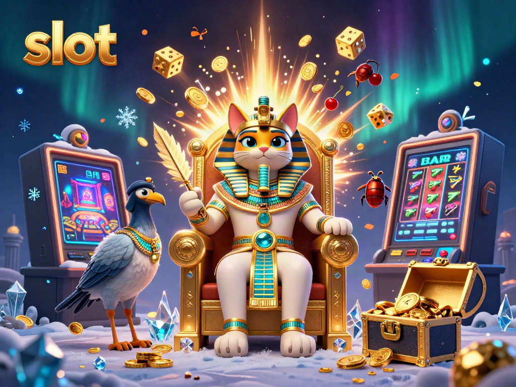 Experience immersive slot action with a pharaoh cat and slot machine explosion in this vibrant illustration.