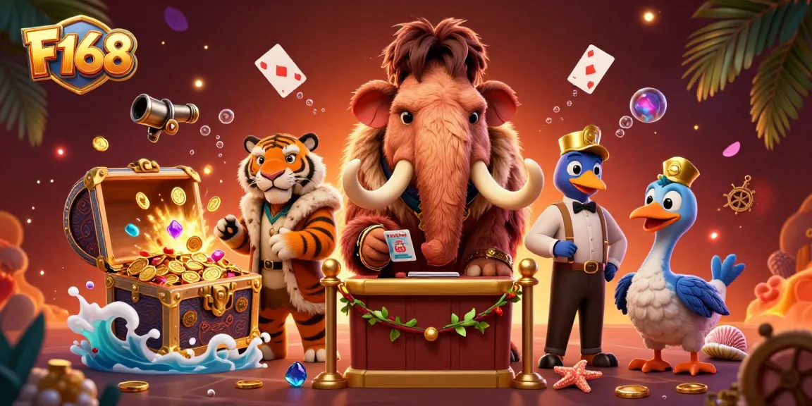 Experience thrilling games at F168 with a woolly mammoth bouncer, VIP saber-tooth tiger, and vibrant casino elements.