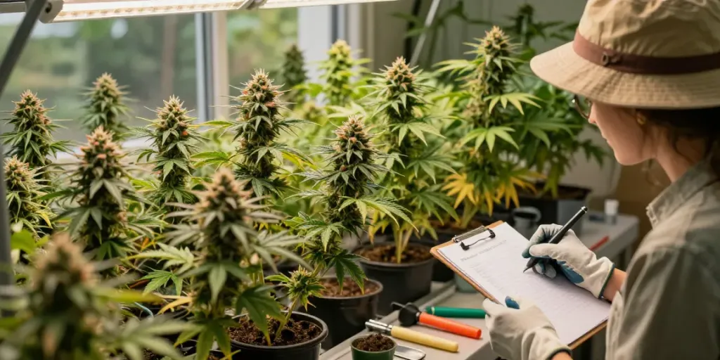 Healthy autoflower cannabis seeds growing in an indoor garden setting with a knowledgeable grower inspecting the plants.
