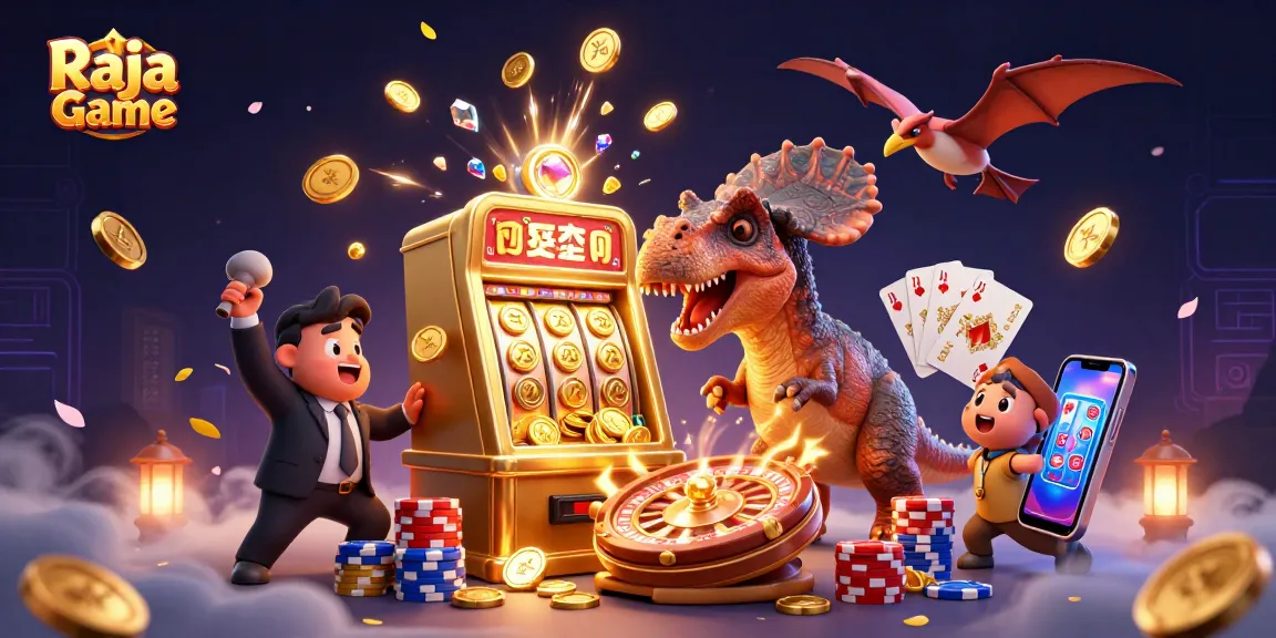Experience thrilling action with Raja Game's vibrant casino illustration featuring a dinosaur and golden slots.