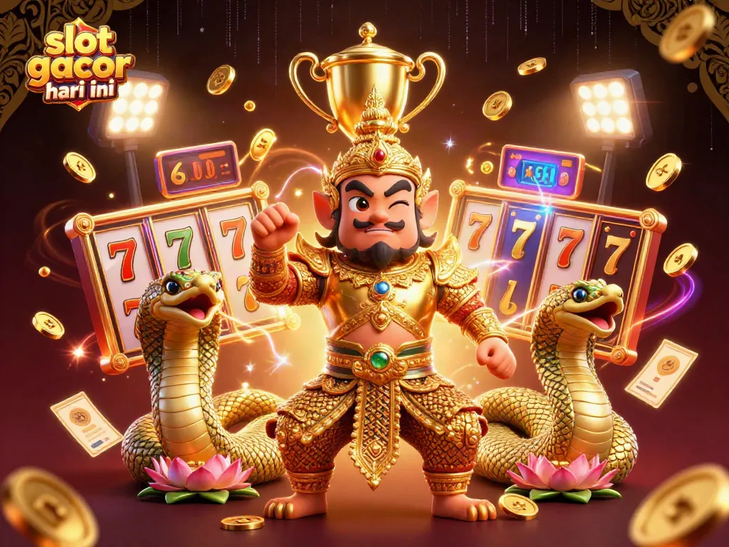 Engage with slot gacor hari ini in this dynamic 3D casino scene featuring legendary guardians and jackpot symbols.