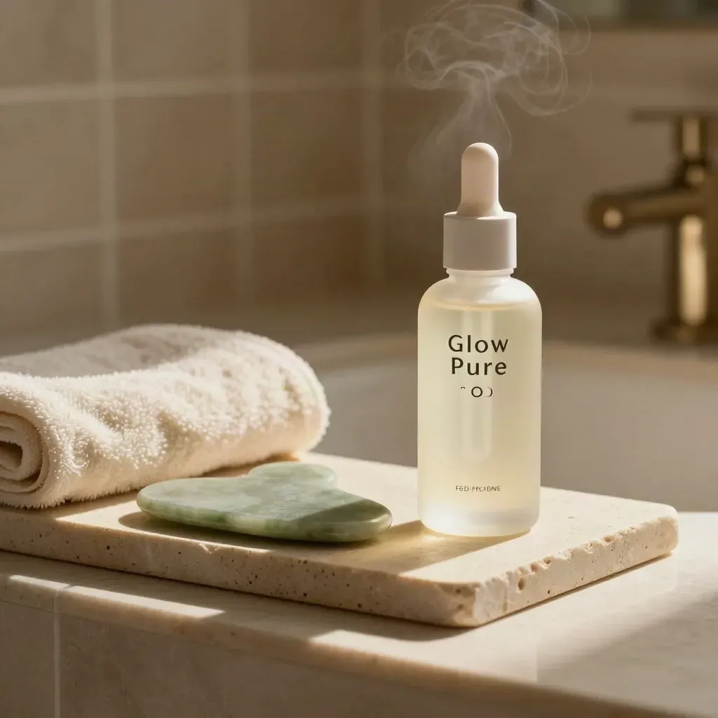 Serum bottle, jade gua sha, towel and stone tray on a steamy bathroom shelf.