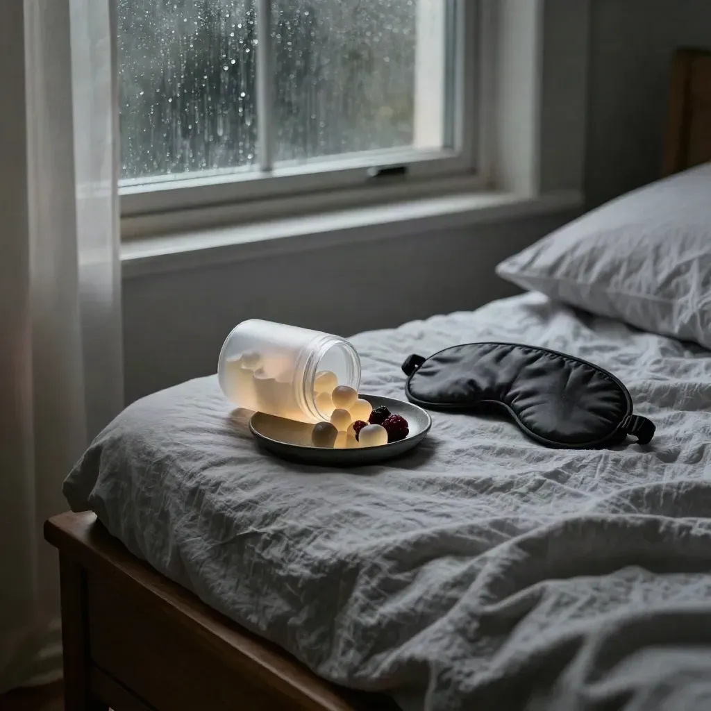 Open sleep-gummies jar, berry chew in ceramic dish, sleep mask and linen by a rainy bedside window