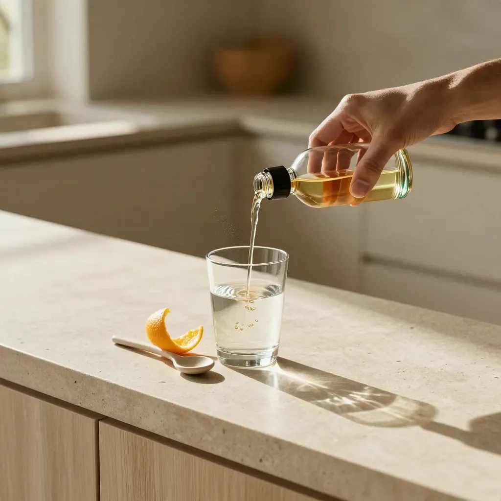 Tincture bottle pours beside a glass of water with citrus peel and a ceramic spoon on a sunlit counter.