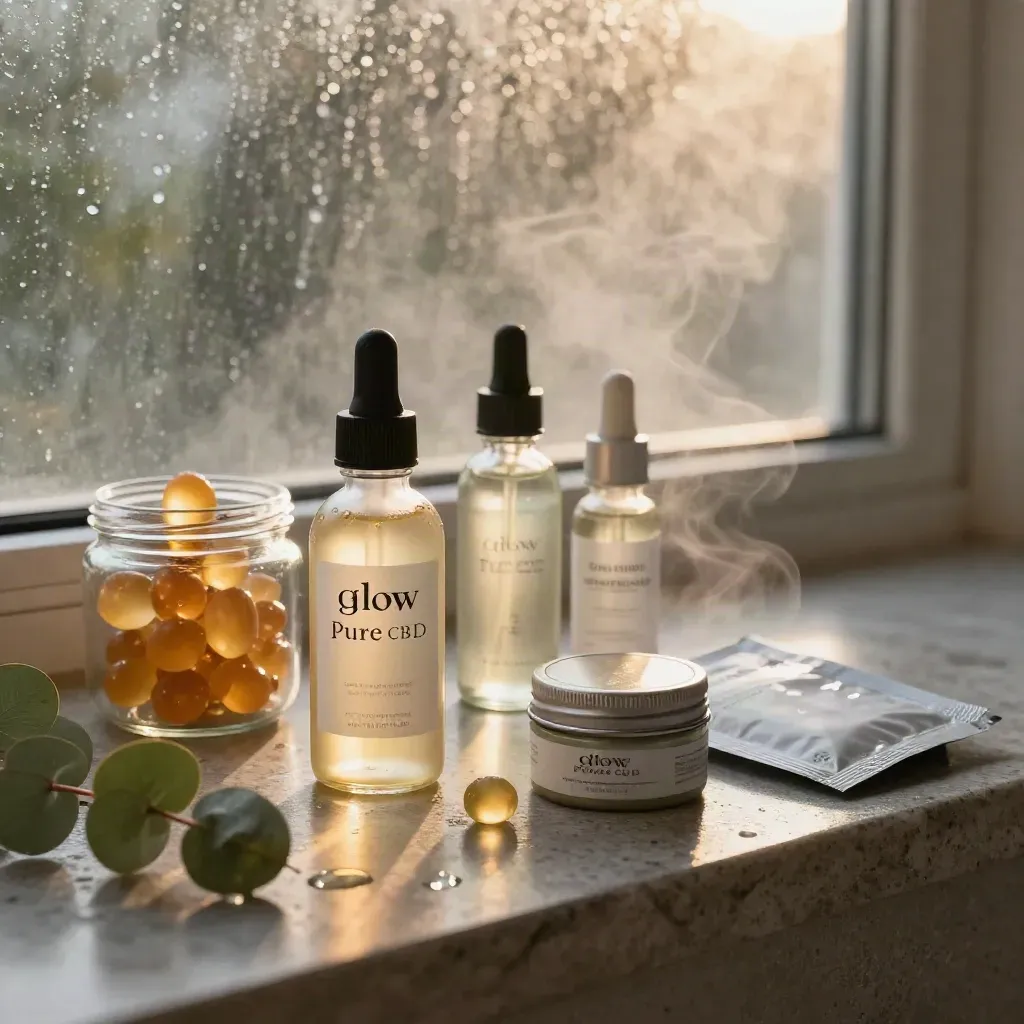 CBD tincture with gummies, softgels, serum and balm on a rain-washed stone bath counter.