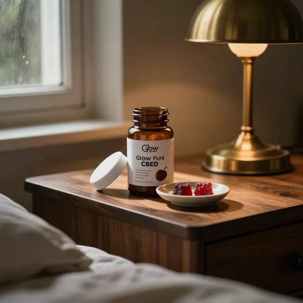 Sleep gummies jar, two berry chews, and a turned-down lamp on a walnut nightstand in warm rain-blurred light.