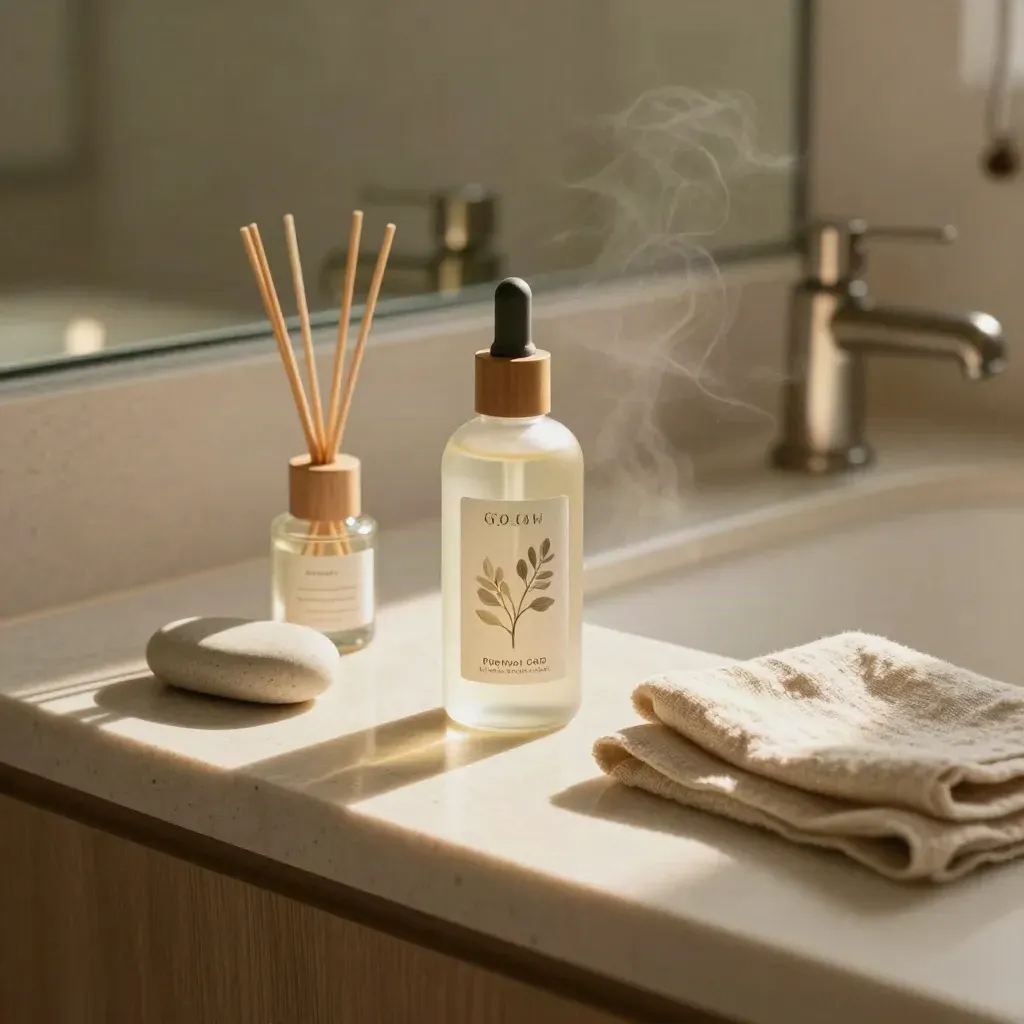 Serum bottle with reed diffuser and linen on a sunlit bathroom counter.