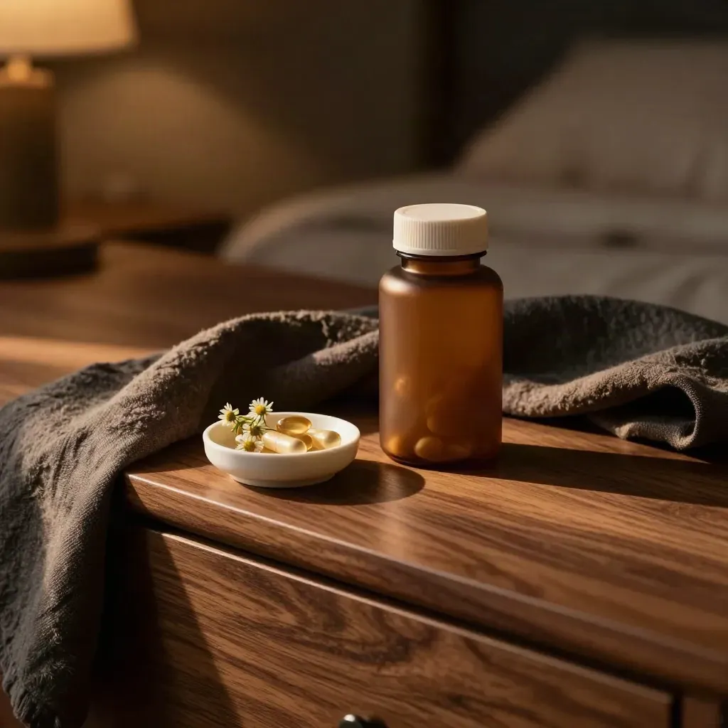 Amber sleep softgels bottle, ceramic dish and chamomile on a walnut bedroom dresser at twilight.