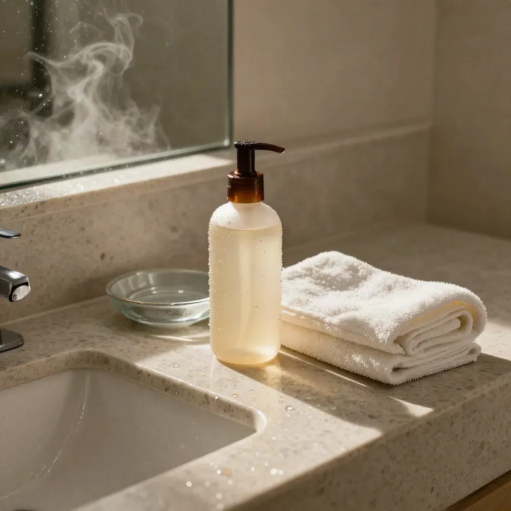 Amber-capped serum bottle and folded cream towel on a steamy bathroom vanity.