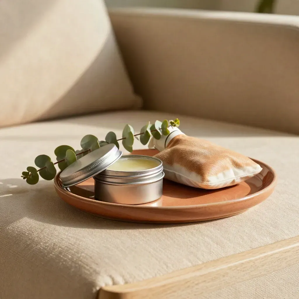 Extreme macro of balm tin, heat pack, eucalyptus sprig and ceramic tray on a sofa arm table.