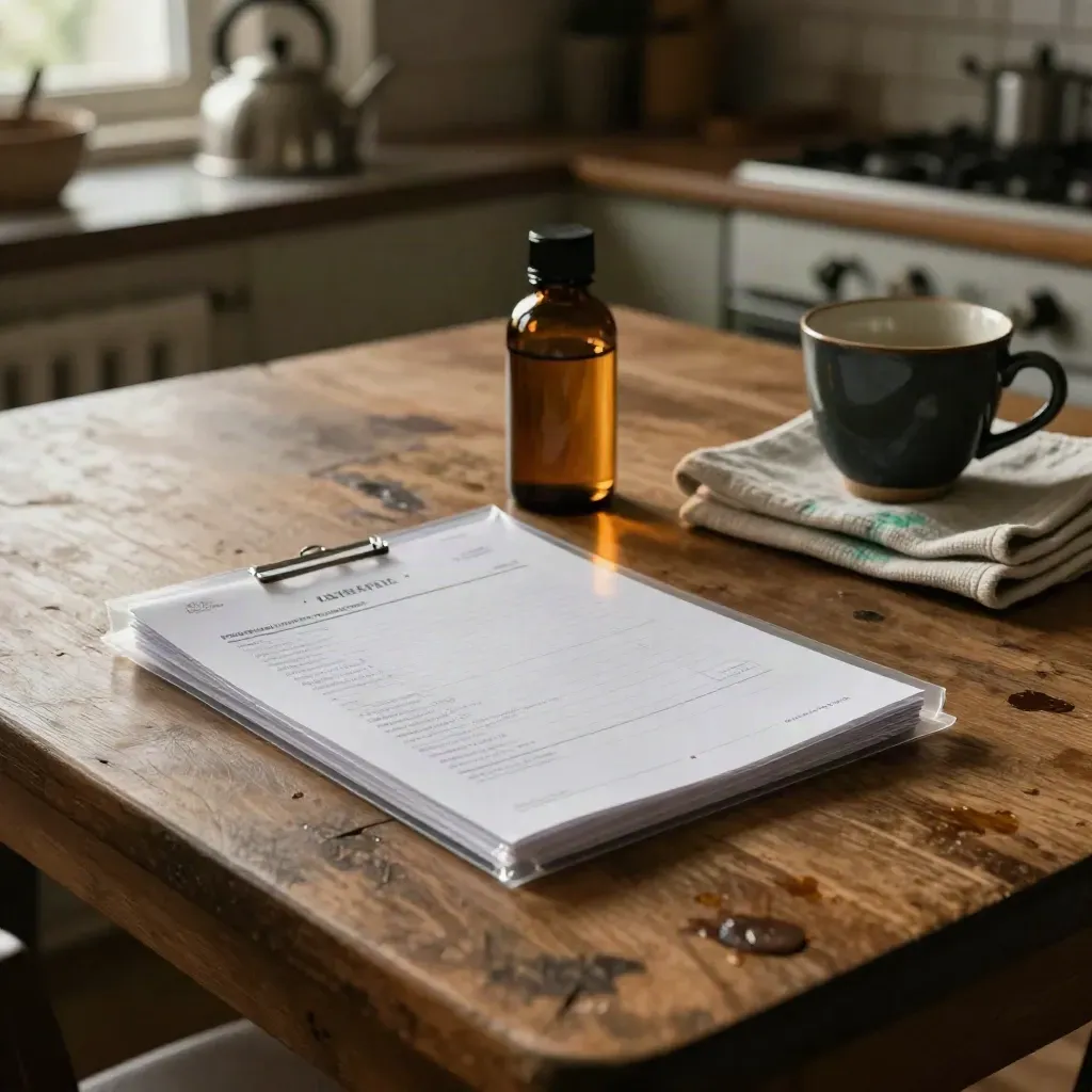 Batch report sleeve, sample bottle, and ceramic cup on a kitchen table in warm afternoon light.