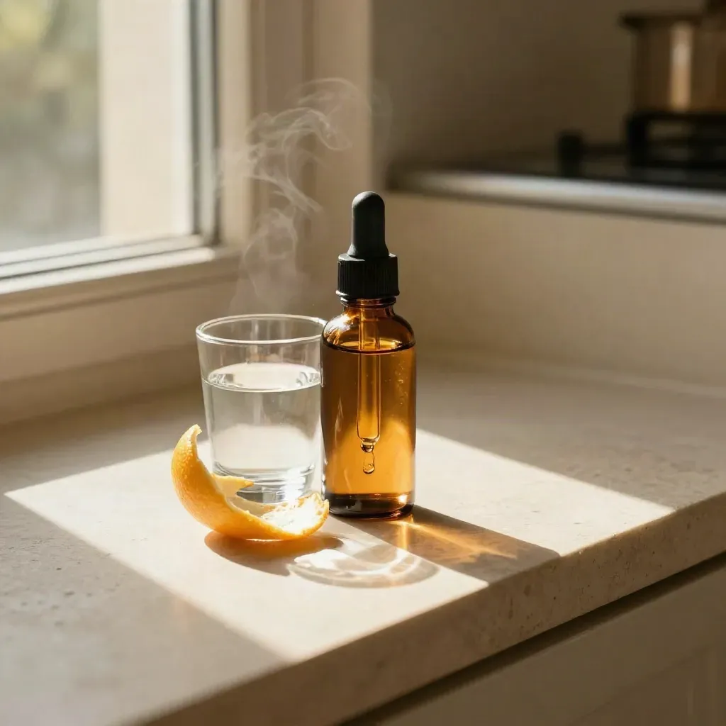 CBD tincture bottle, water glass, and citrus peel on a sunlit windowsill at morning.
