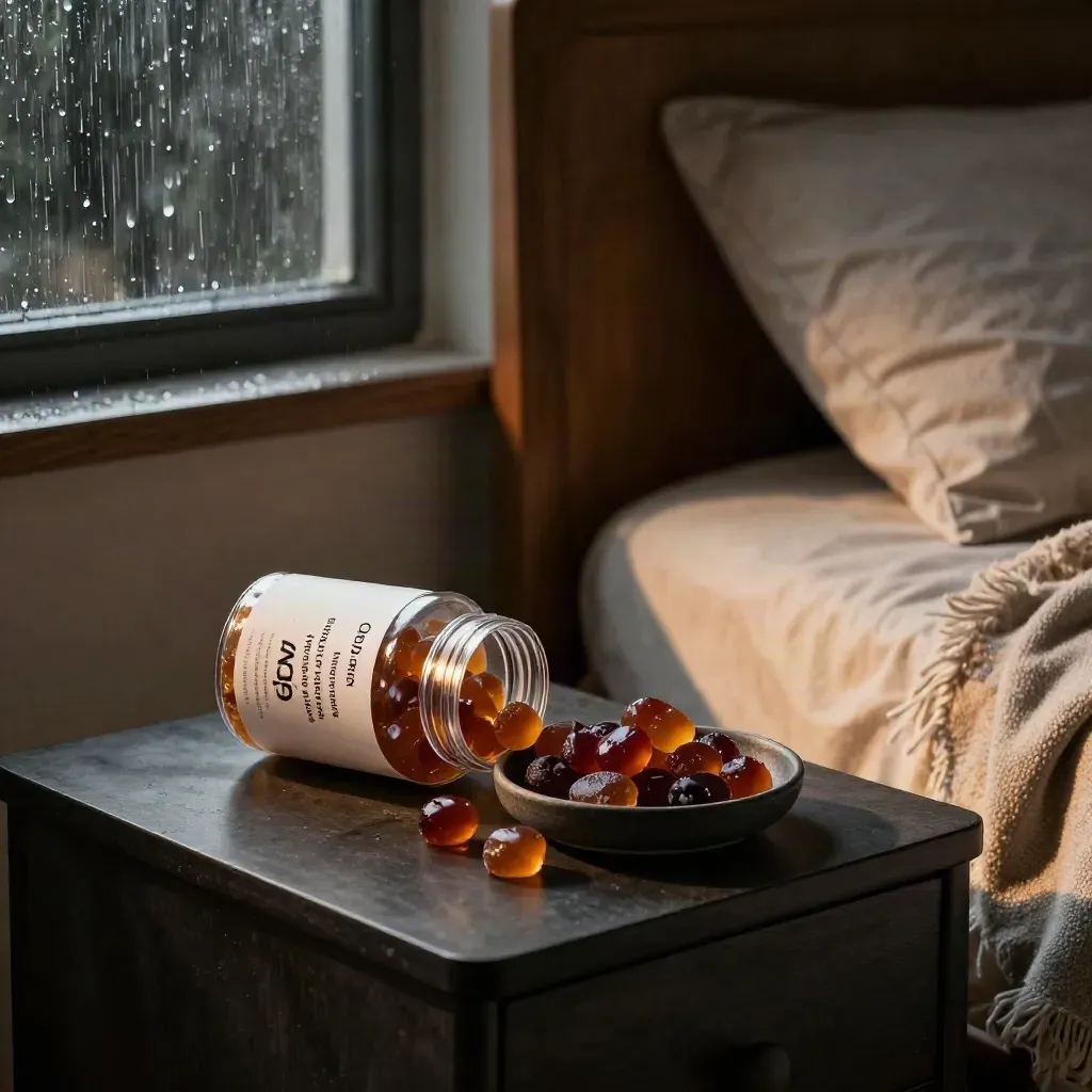 Open gummies jar with berry chews on a bedside table beside a wool blanket, rain on the window