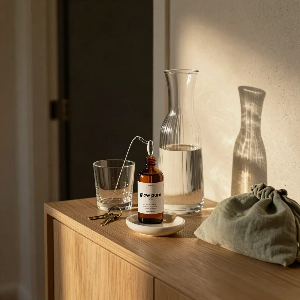 Amber tincture, pouring water, keys, and sage linen pouch on an entry console.