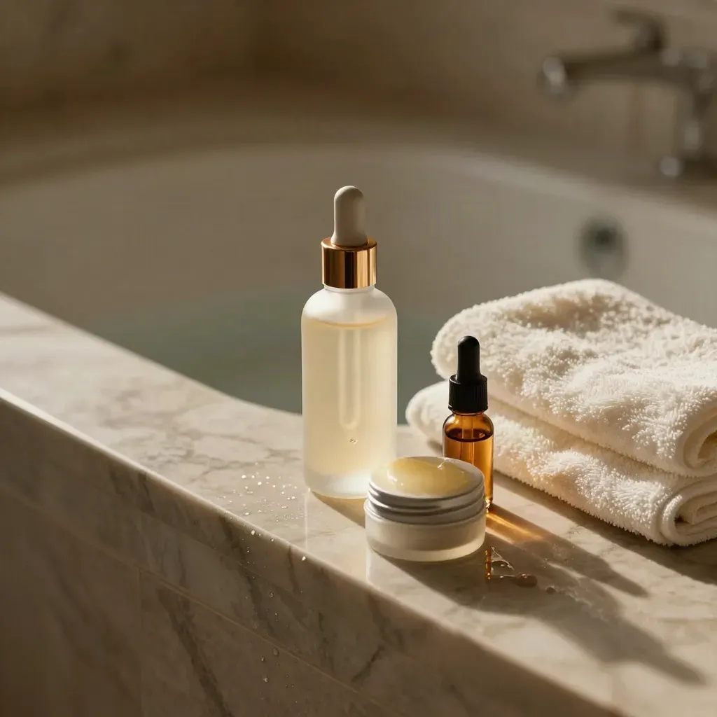 Serum bottle, balm tin, face oil vial, and towel on a marble bath ledge with steam