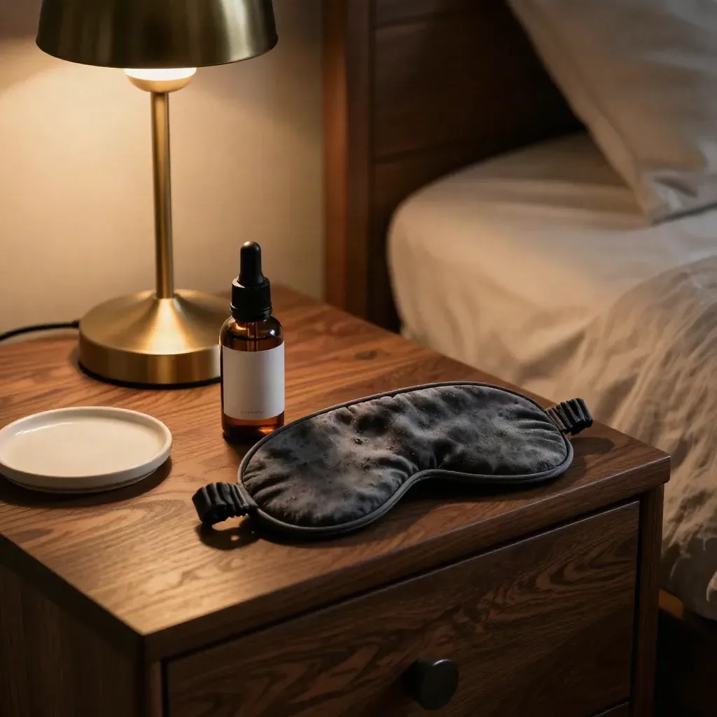 Sleep formula bottle beside a glowing lamp, sleep mask, and ceramic coaster on a nightstand.