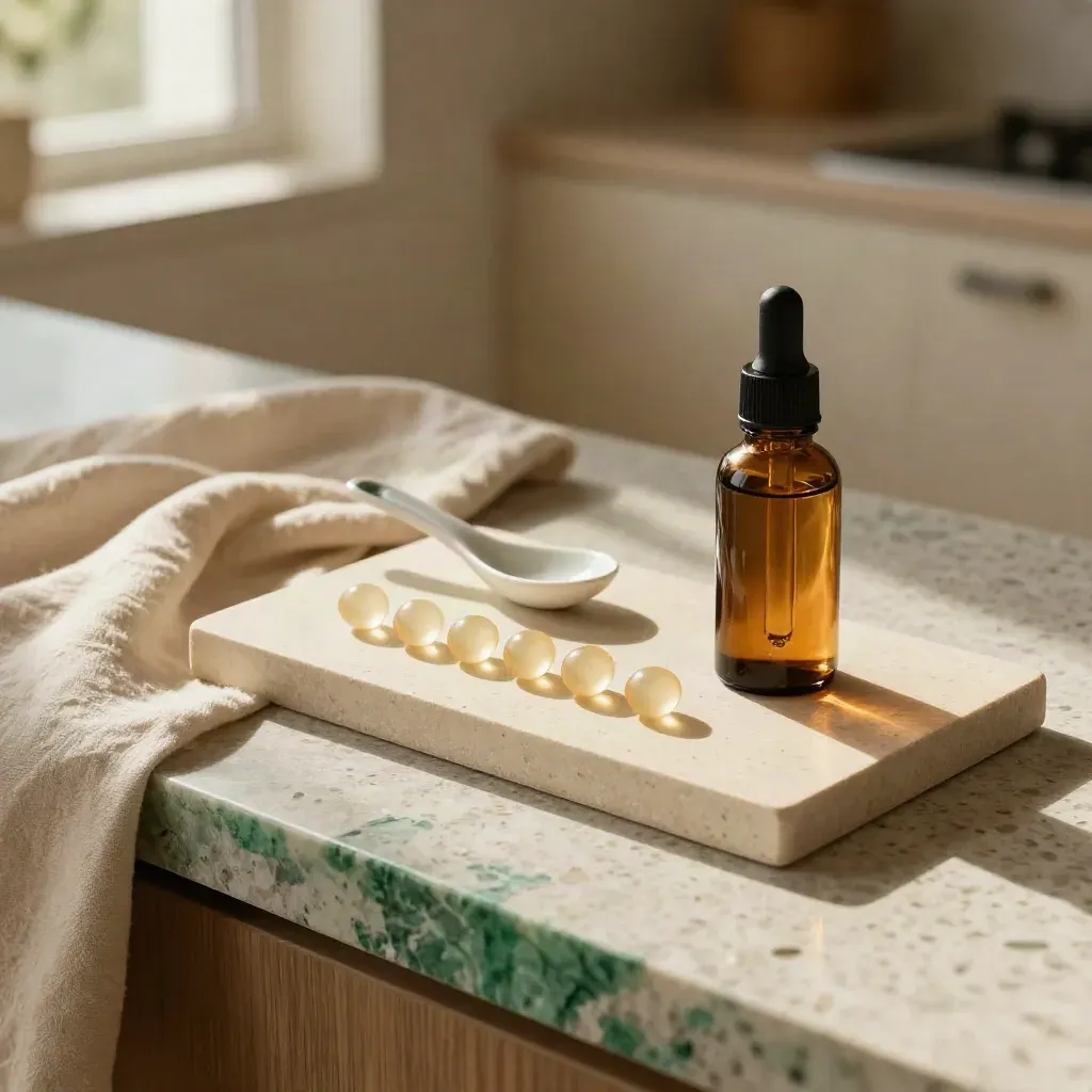 CBD tincture bottle, seven softgels, and a ceramic spoon on a cream stone tray in warm window light.
