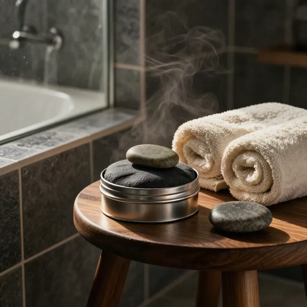 Balm tin, heat pack, towel, and massage stone on a bathroom stool in warm steam