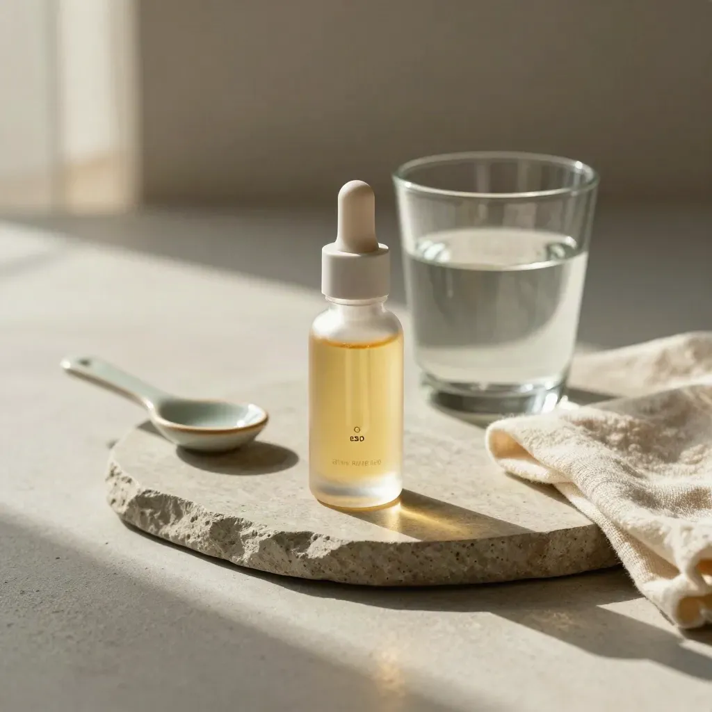 CBD tincture dosing set with tumbler, spoon, and folded cloth on stone tray