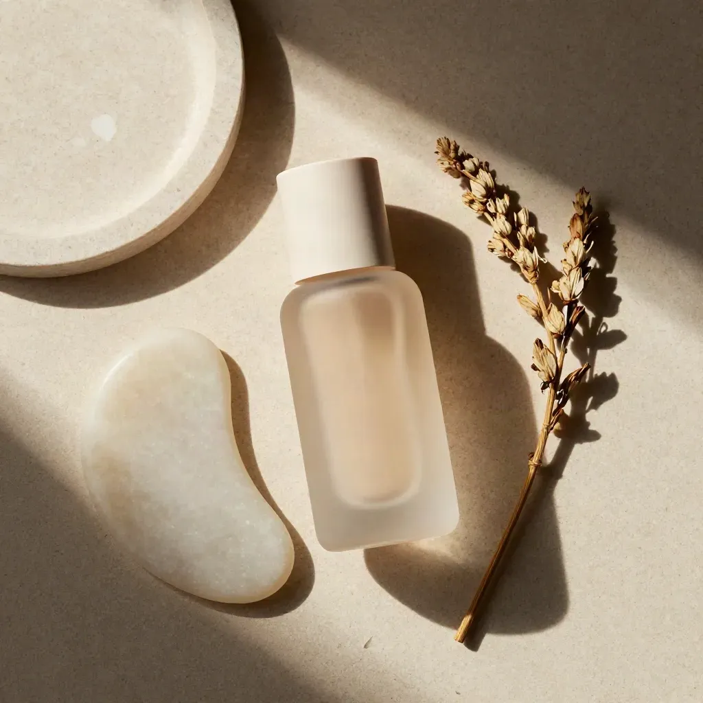 Overhead skincare flatlay with serum bottle, gua sha stone, dish and dried sprig on cream stone.