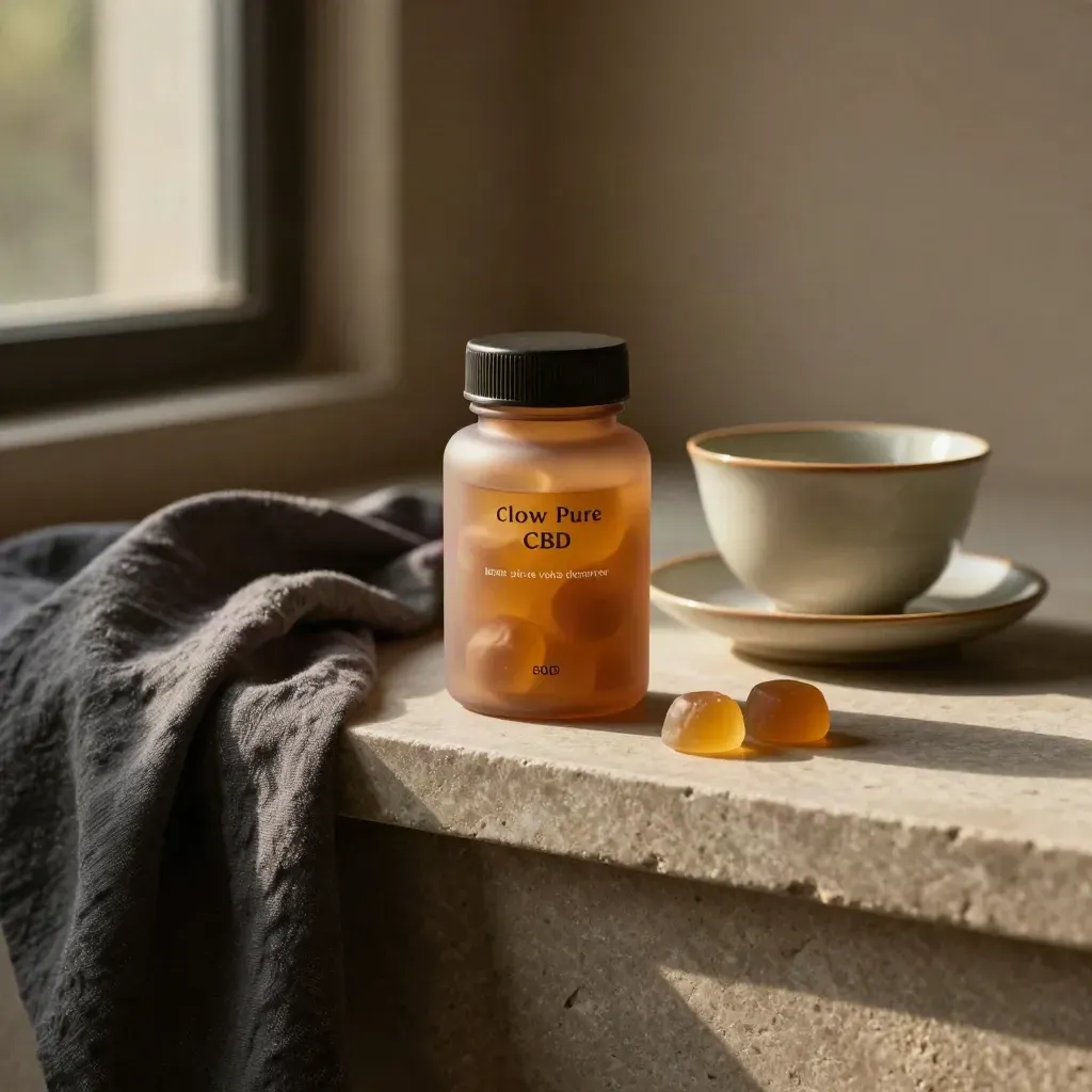 Sleep gummies jar with tea cup, linen cloth, and bedside dish on a stone shelf.