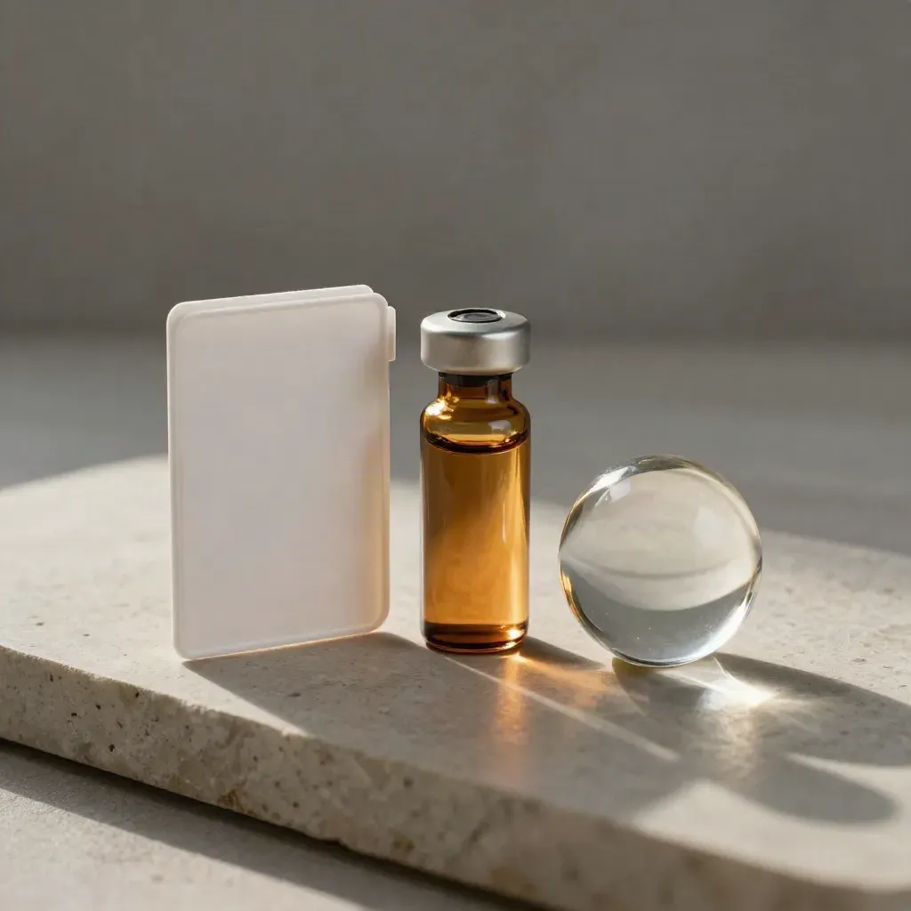 Verification sleeve, amber vial, and glass paperweight on stone in soft gold light.