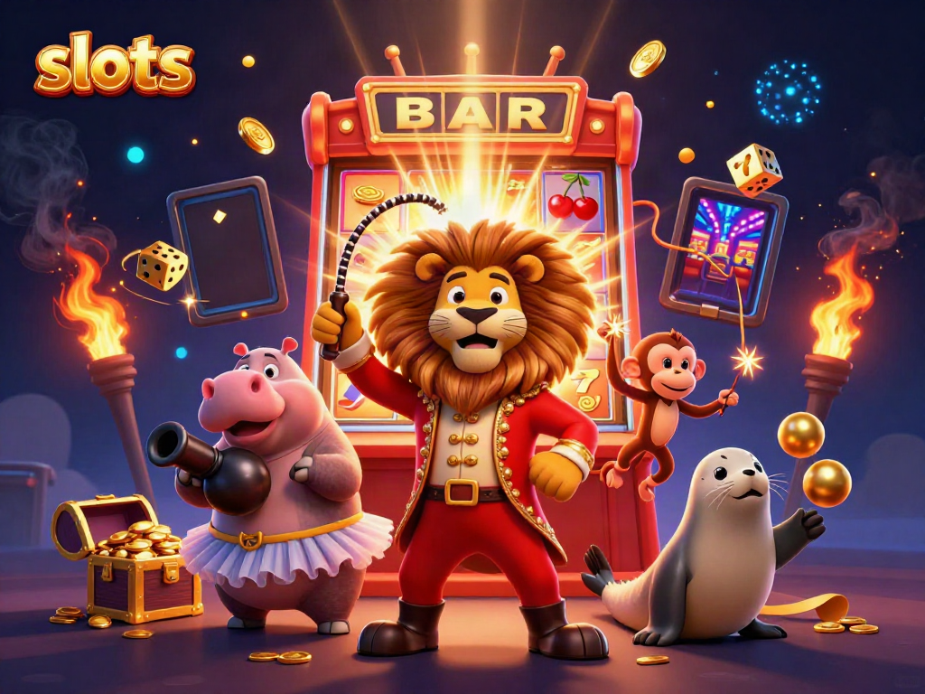 Experience thrilling slots action with colorful characters and a jackpot explosion in this casino-themed illustration.