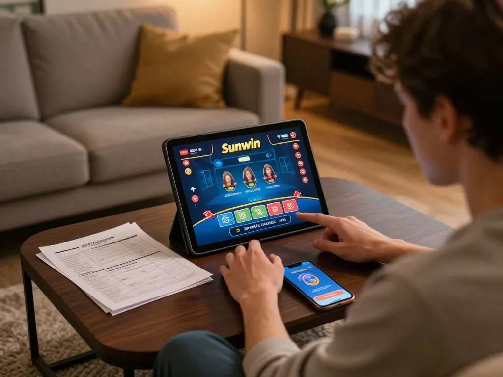 Người chơi tham gia sử dụng ứng dụng casino trực tuyến Sunwin trong một buổi chơi game ấm cúng tại nhà.