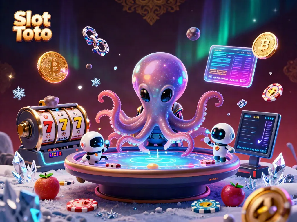 Permainan Slot Toto dengan alien dan robot dalam suasana kasino futuristik.