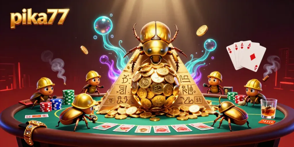 Experience thrilling gameplay at pika77’s vibrant casino pyramid with golden coins and poker elements.