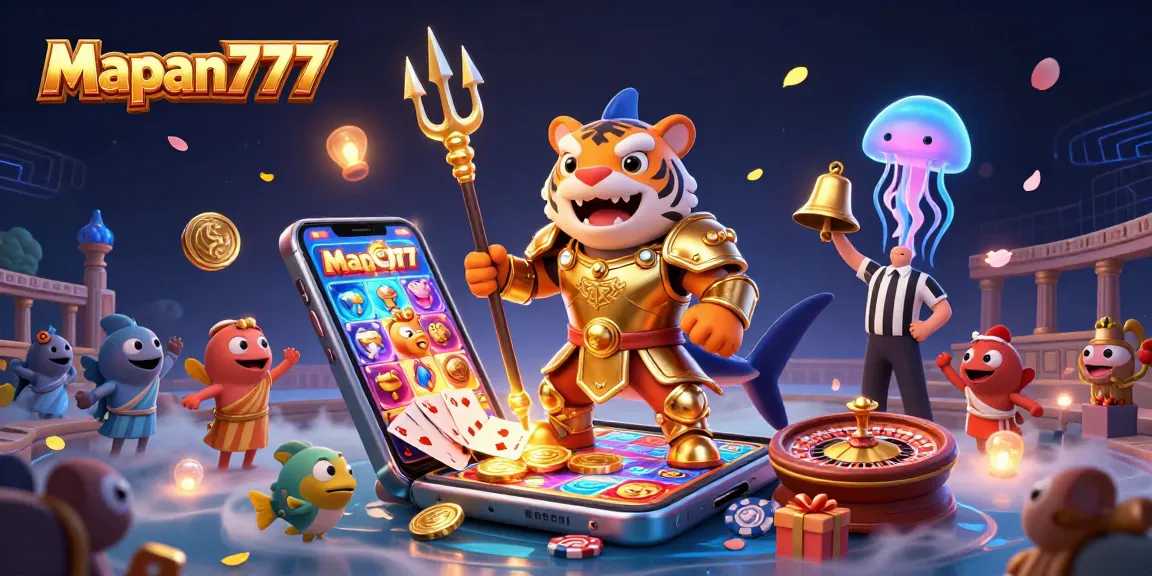 Experience the thrill of Mapan777 with a ferocious tiger shark and dynamic gaming elements in an underwater colosseum.