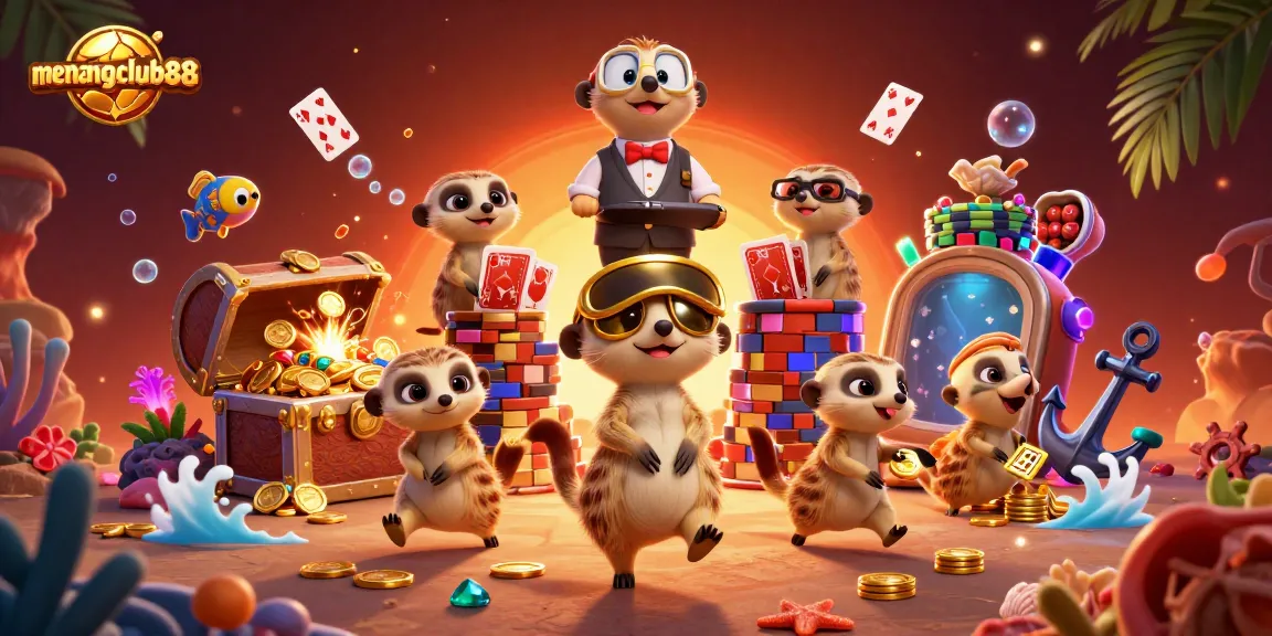 Experience the excitement of menangclub88 with meerkats running a vibrant casino operation surrounded by colorful elements.