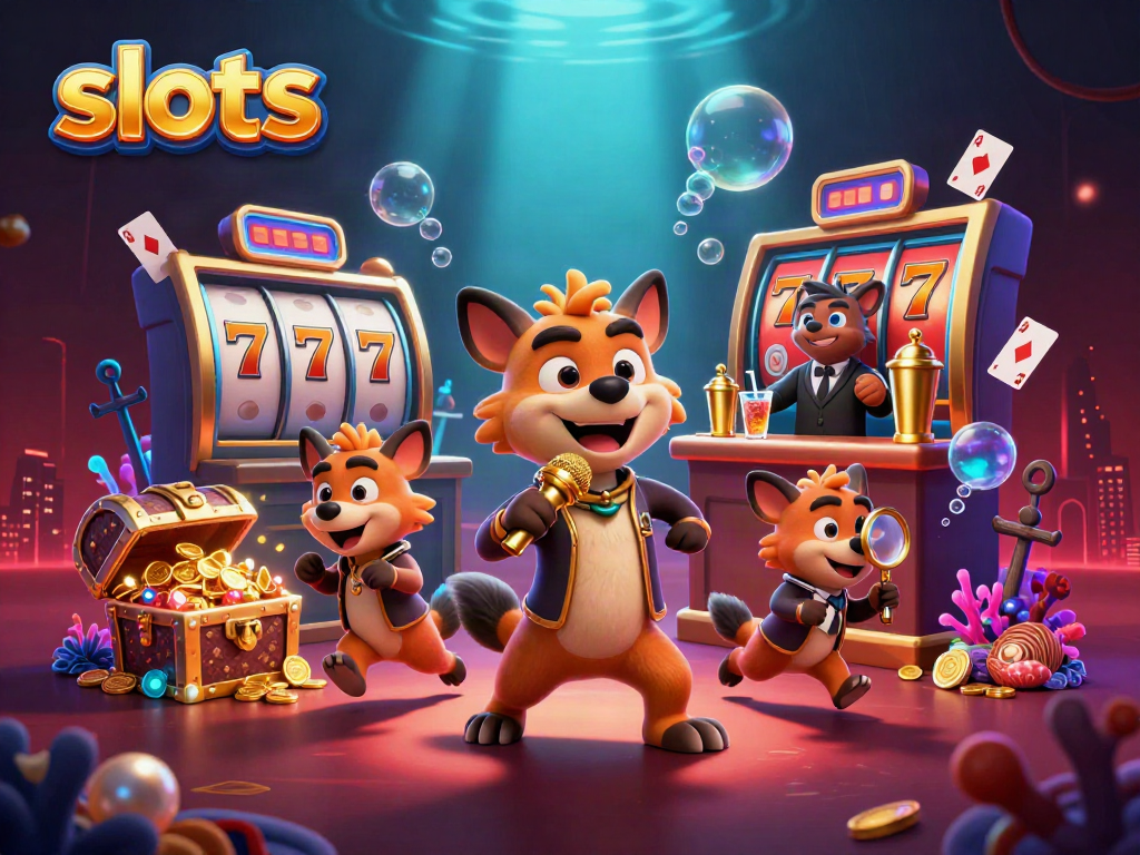 Experience exciting slots gameplay with hyena characters in a colorful casino scene.