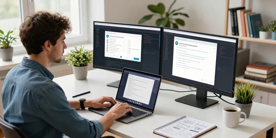 Exploring telegram中文版 in a vibrant tech workspace with a developer coding on dual monitors.