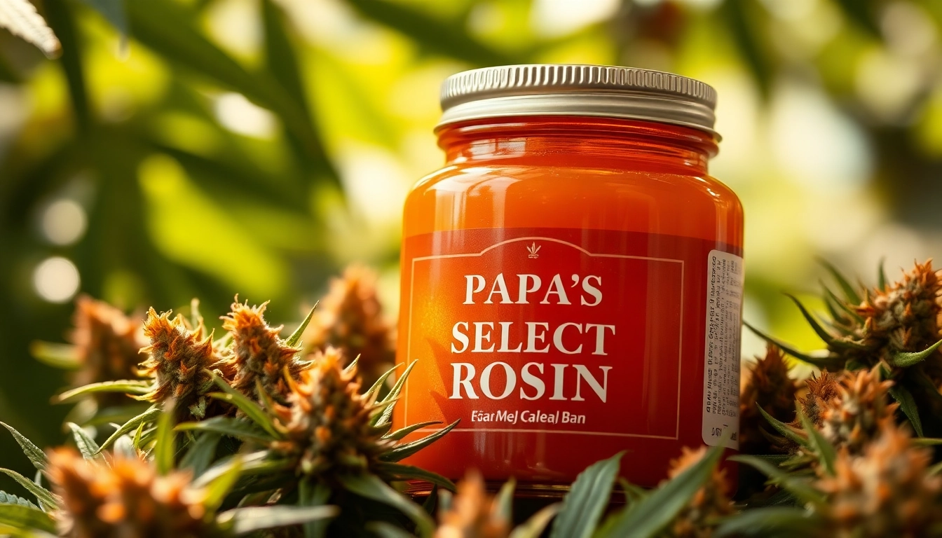 Showcase of papa's select rosin in a vibrant setting with fresh cannabis flowers, emphasizing quality and texture.