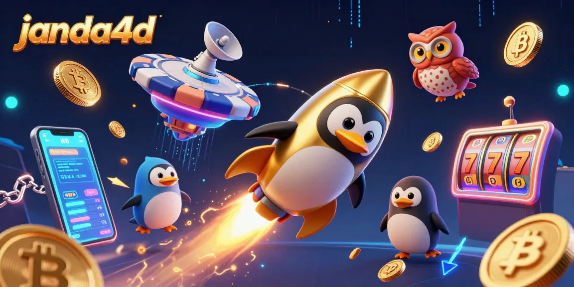 Janda4d menampilkan penguin emas bertenaga roket meluncur di ruang angkasa di depan stasiun kasino.