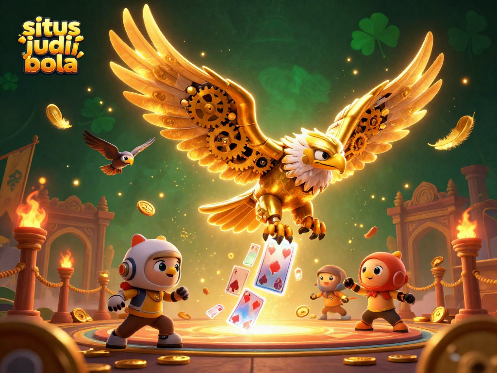 Sitet judi bola immersive action scene featuring a cybernetic eagle amidst flying cards and gold.