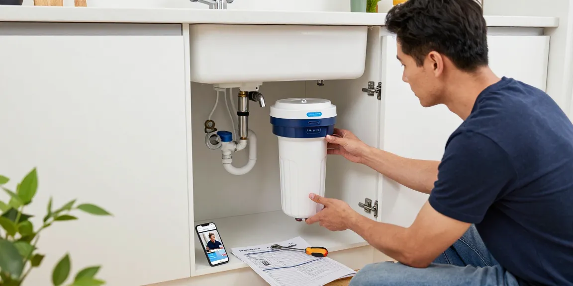 Homeowner installing the Waterdrop 3-Stage Whole House Water Filter System with tools in a modern utility room.