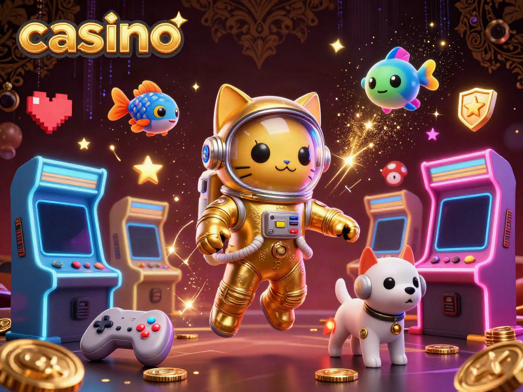 Experience an exciting casino scene with a cosmic cat astronaut, robot dog, and vibrant gaming elements.