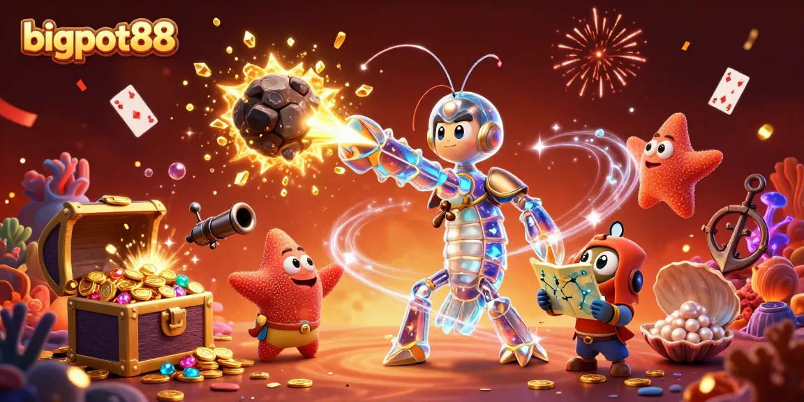 Experience bigpot88 action with a 3D mantis shrimp samurai battling for gems and coins in a vibrant underwater scene.