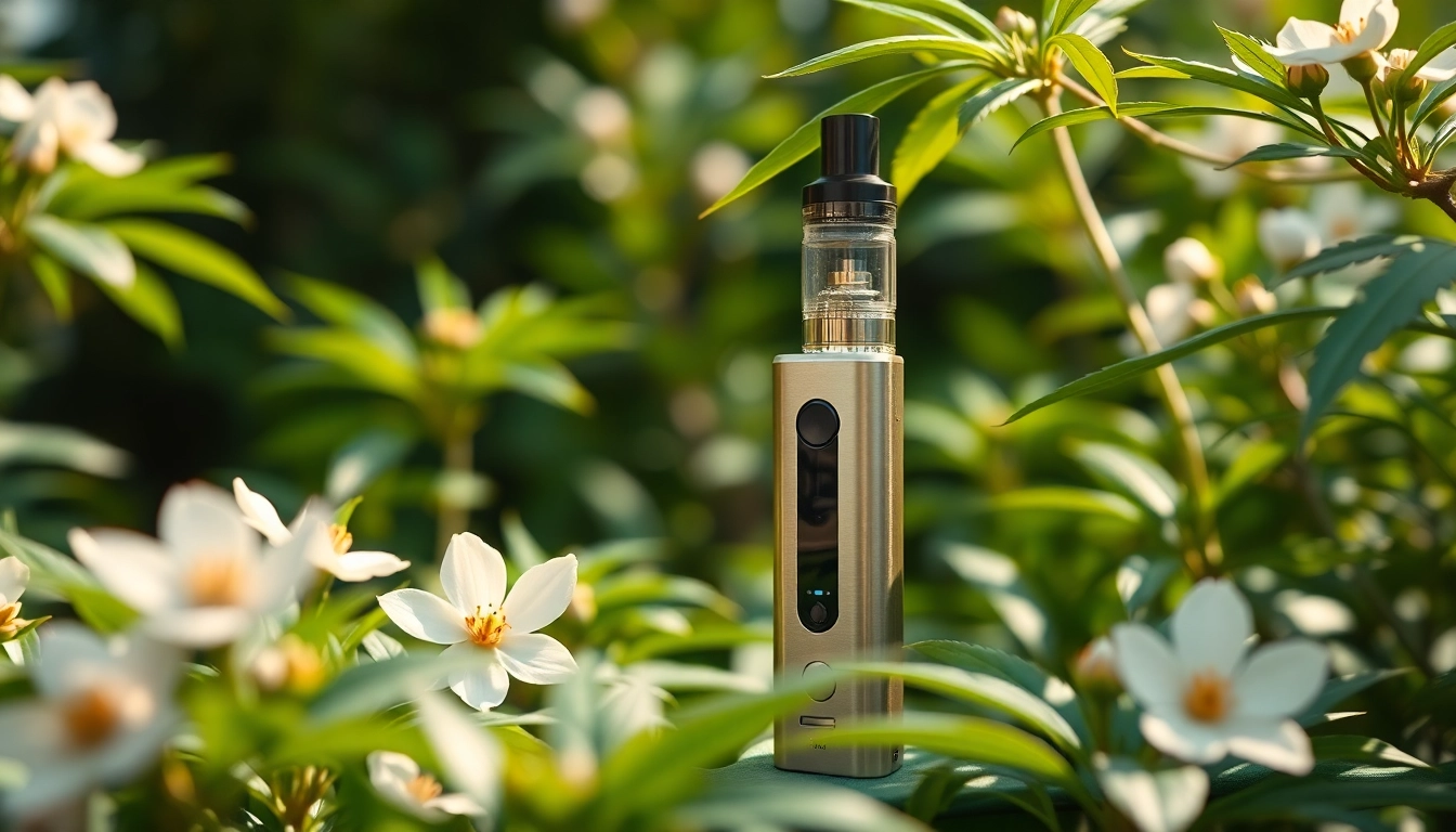 Buy THC vape UK with a modern device displayed in a serene outdoor setting surrounded by greenery.