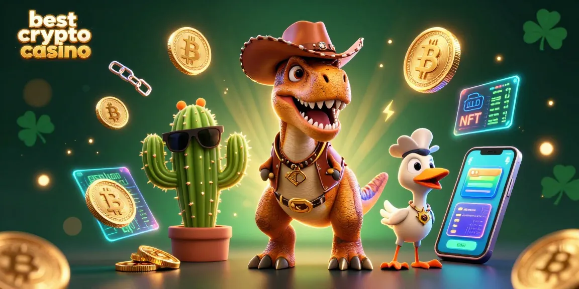 Jouez dans le meilleur casino crypto avec des personnages colorés représentant des dinosaures et des éléments de jeu en ligne.