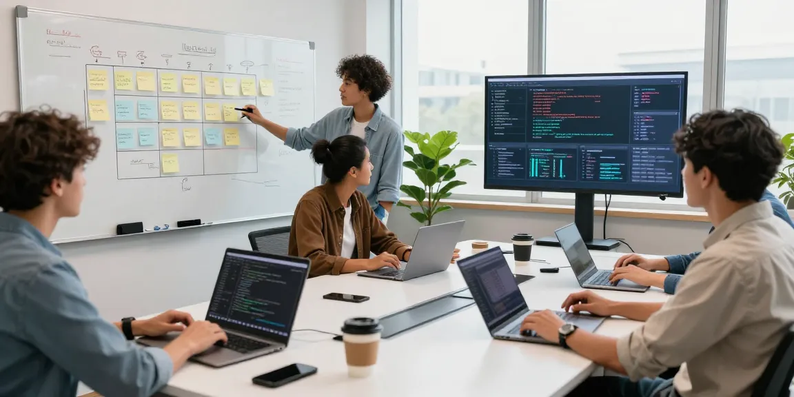 Team of developers collaborating at the WPS Official Website tech workspace, showcasing project dashboards and coding.